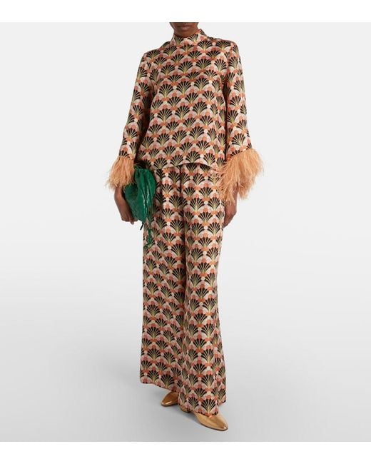 LaDoubleJ Brown Make An Exit Feather-Trimmed Silk Twill Top