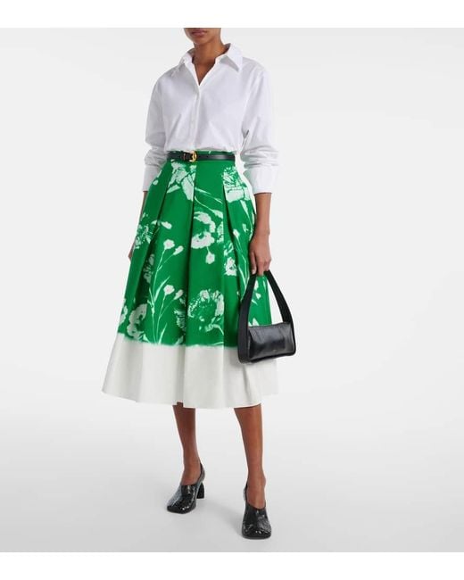 Erdem Green Pleated Floral Cotton Midi Skirt