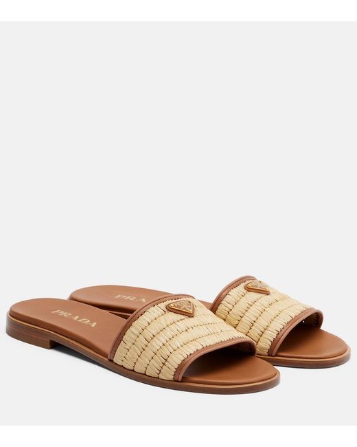 Prada Brown Leather And Raffia Slides