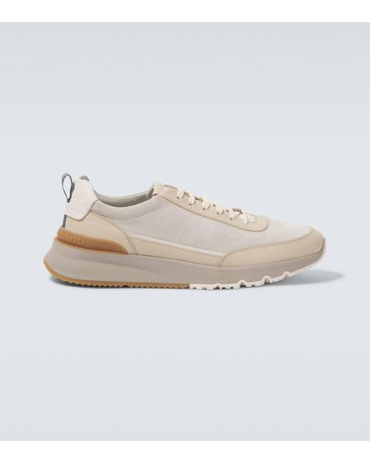 Brunello Cucinelli White Leather-Trimmed Suede Sneakers for men