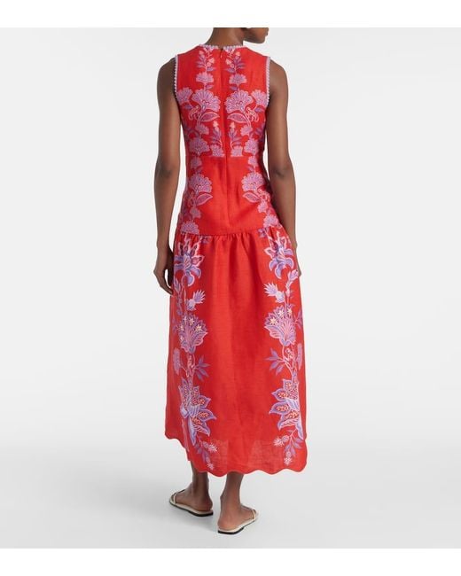 Vestido Midi Porcelain Garden De Lino Floral Farm Rio de color Red