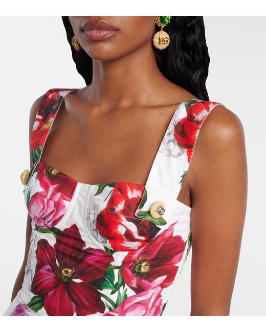 Dolce & Gabbana Red Floral-Print Cotton-Poplin Mini Dress