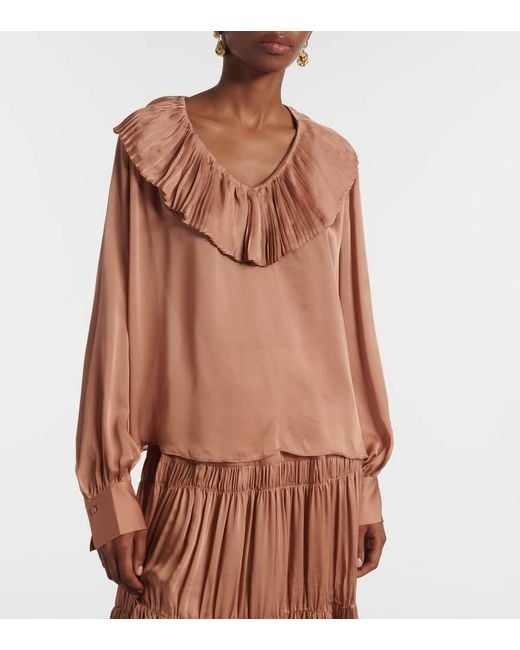 Ulla Johnson Orange Liese Pleated Silk Satin Blouse