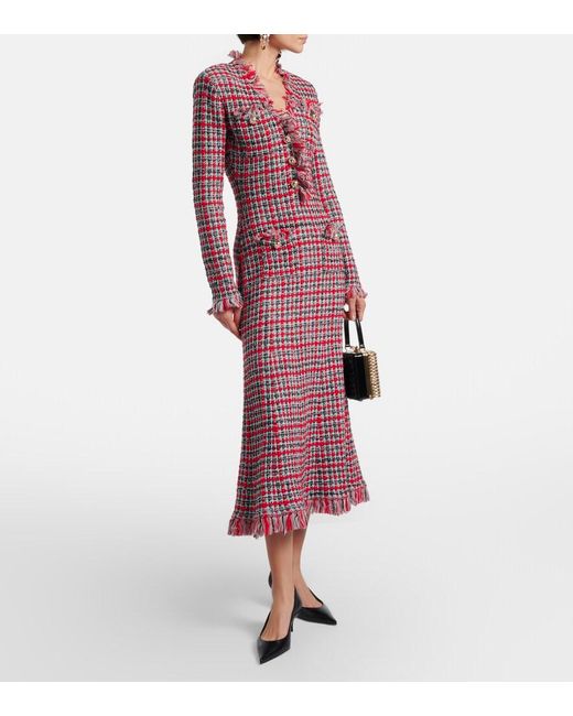 Self-Portrait Red Checked Frayed Knitted Midi Dress