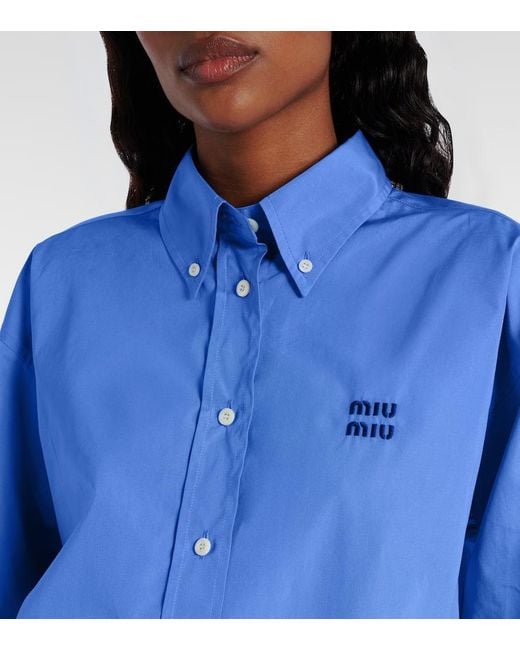 Camisa De Popelin De Algodon Cropped Miu Miu de color Blue