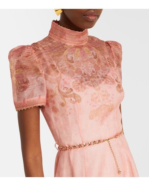 Zimmermann Pink Belted Paisley Linen And Silk Midi Dress