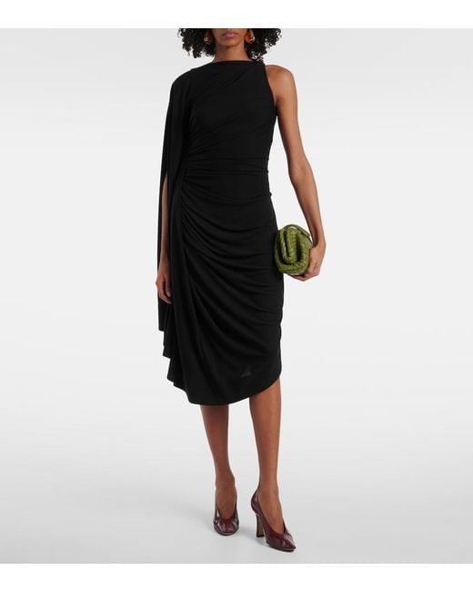 Bottega Veneta Black Embellished Draped Jersey Midi Dress