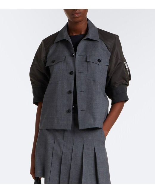 Sacai Gray Pleated Asymmetric Wool Miniskirt