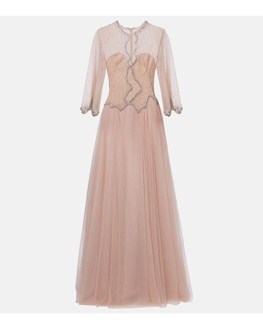 Costarellos Pink Evanna Embellished Tulle Gown