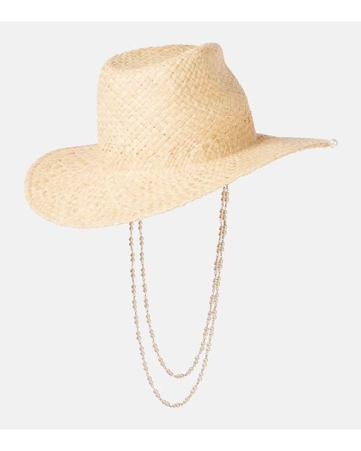 Ruslan Baginskiy White Logo Faux Pearl-Embellished Straw Fedora
