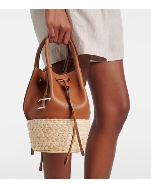 Tod's Brown Bux Raffia-Trimmed Leather Bucket Bag