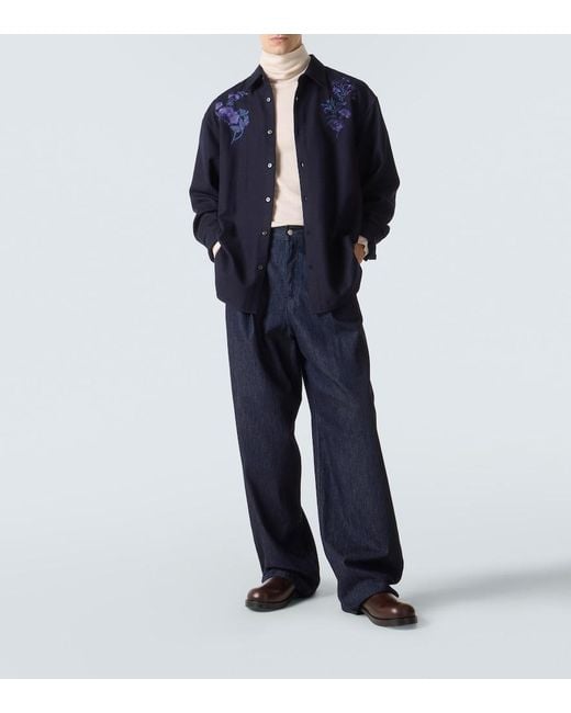 Dries Van Noten Blue Embroidered Wool Shirt for men