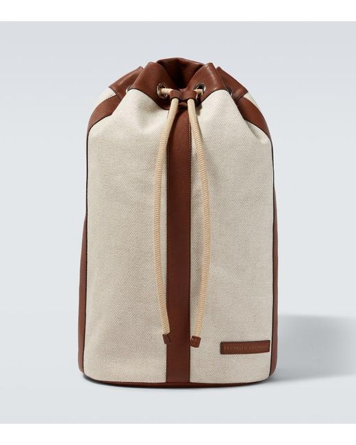 Brunello Cucinelli Brown Leather-Trimmed Canvas Backpack for men