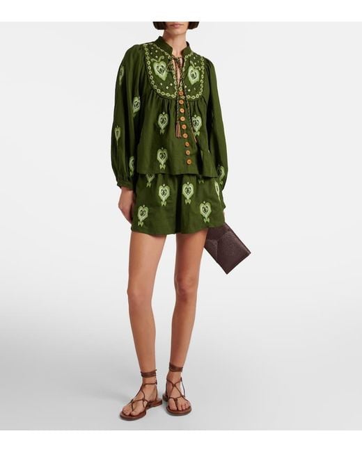 Farm Rio Green Bestickte Shorts Aus Einem Leinengemisch