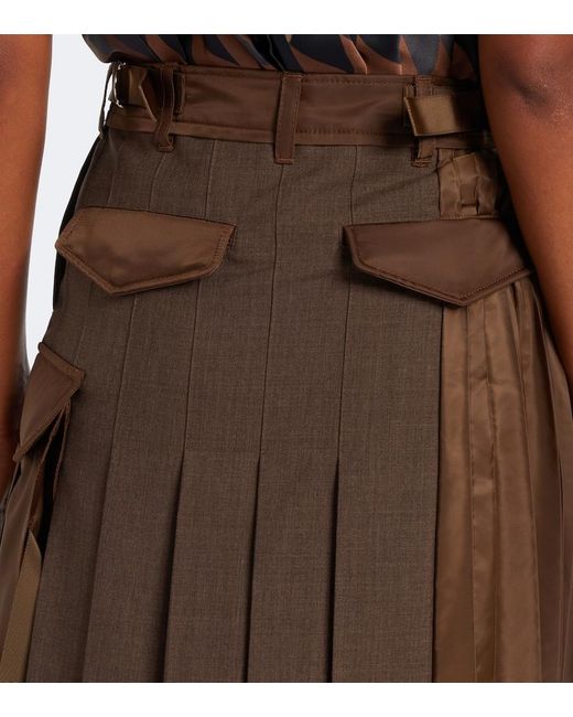Sacai Brown Layered Pleated Wool-Trimmed Midi Skirt