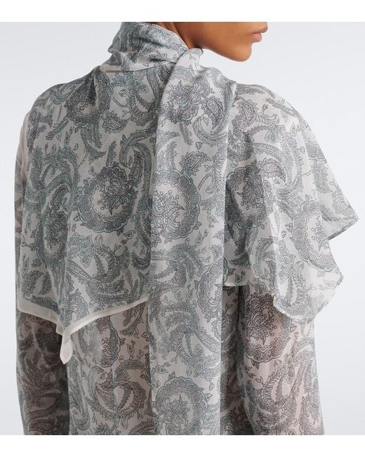 Acne Blue Caped Paisley Silk Crepe Blouse