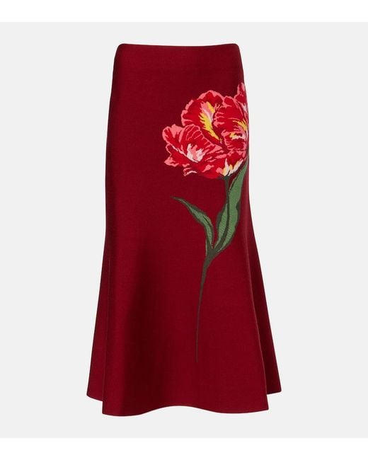 Carolina Herrera Red Floral Jacquard Cotton And Wool Midi Skirt