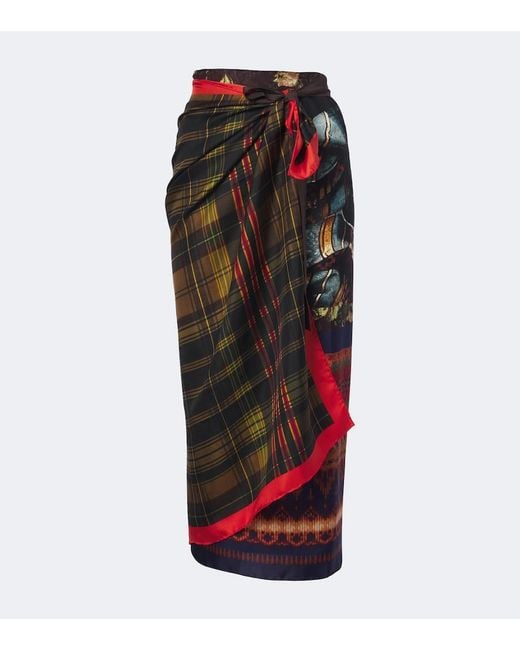Dries Van Noten Red Printed Silk Twill Wrap Skirt