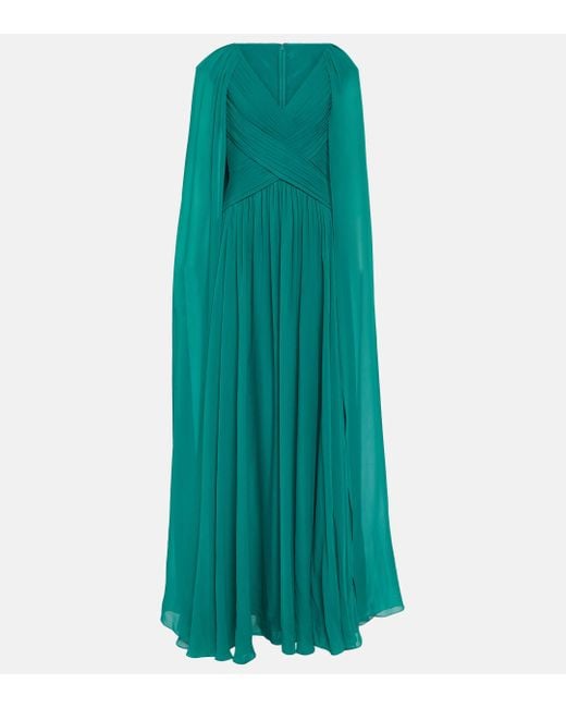 Elie Saab Green Caped Silk-blend Gown