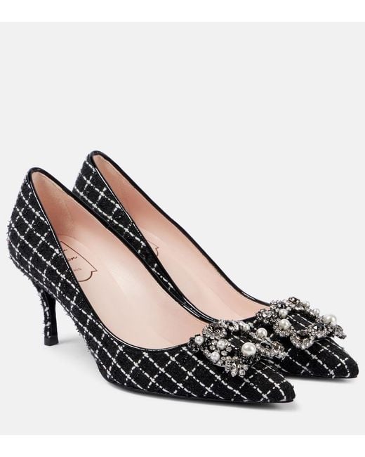 Roger Vivier Black Flower Strass 65 Leather-Trimmed Boucle Pumps