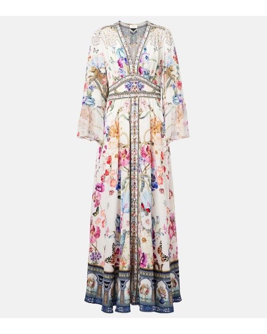 Camilla White Crystal-Embellished Ruffled Floral-Print Silk Maxi Dress