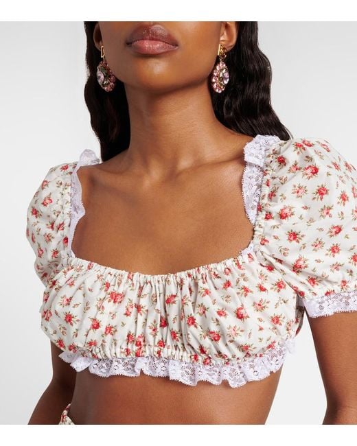 Dolce & Gabbana Pink Floral Lace-Trimmed Cotton Poplin Crop Top