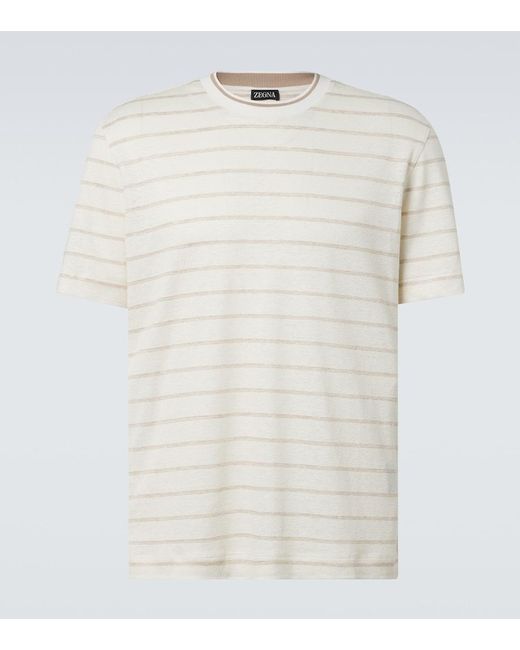 Zegna White Striped Linen-Blend T-Shirt for men