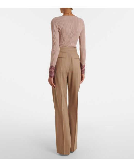 Valentino Natural Pinstripe Pleated Wool Wide-Leg Pants