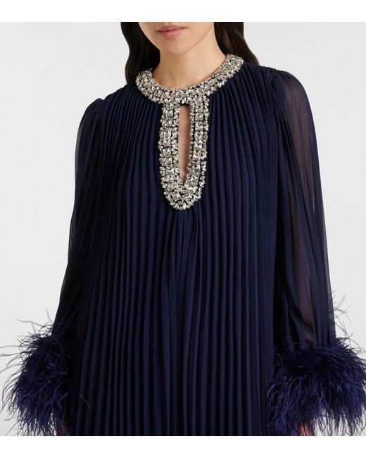 Self-Portrait Plisse Feather-Trimmed Chiffon Maxi Dress in Blue | Lyst UK