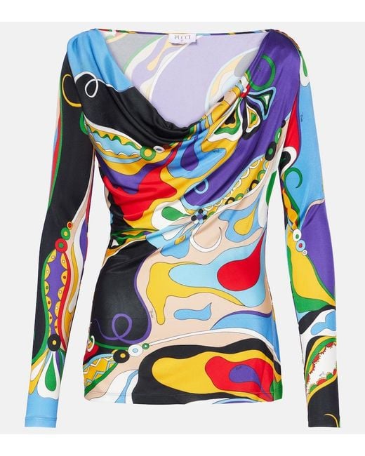 Emilio Pucci Blue Printed Jersey Long-Sleeve Blouse