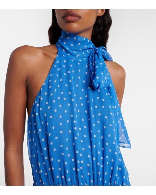 Rixo Blue Layla Tie-Neck Polka-Dot Midi Dress