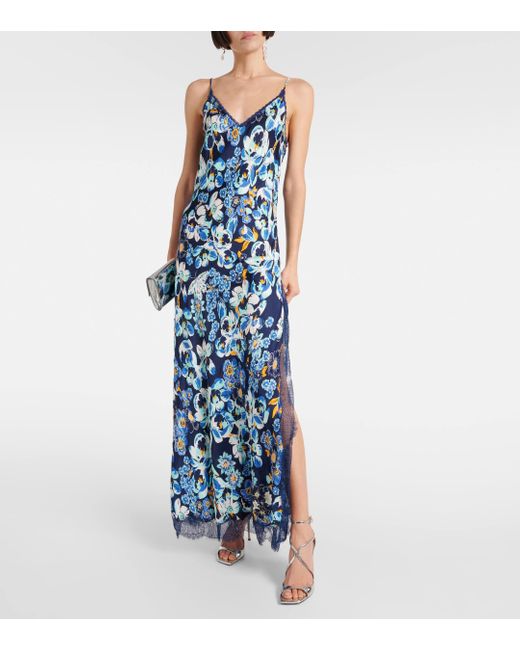 Poupette Blue Floral Lace-trimmed Slip Dress