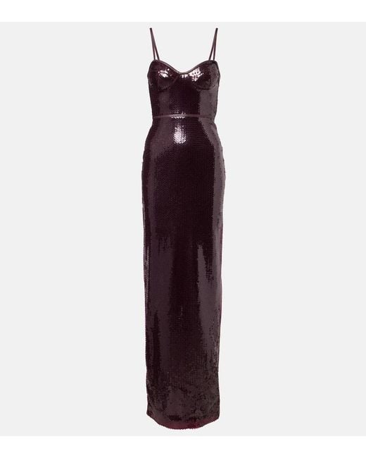 Abito Lungo Arricciato Con Pelle E Paillette di David Koma in Purple