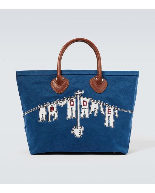 Bode Clothesline Leather-Trimmed Canvas Tote Bag in Blue for Men