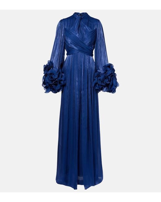 Costarellos Blue Draped Ruffled Gown