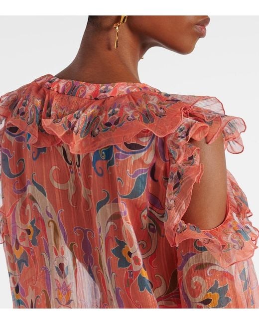 Etro Pink Printed Ruffled Silk Blouse