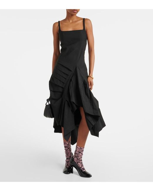 Dries Van Noten Black Draped Pleated Linen And Cotton Midi Dress