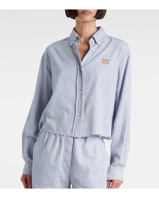 Camisa De Algodon A Rayas Con Logo Miu Miu de color Blue