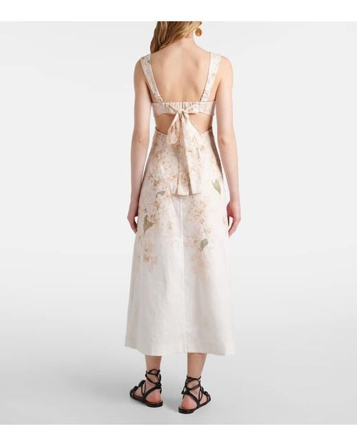 【Zimmermann】Balance floral linen midi dress Zimmermann Balance Floral Linen Midi Dress in Natural | Lyst