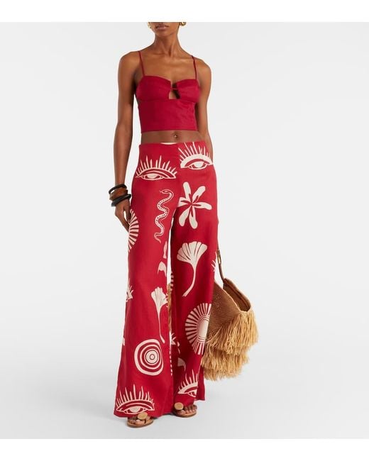 Cala De La Cruz Red Toya Printed Linen Wide-Leg Pants