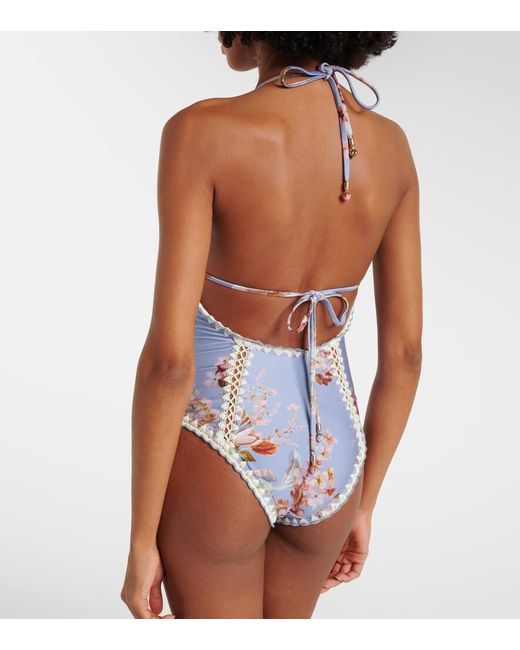 Zimmermann Blue Awaken Floral Crochet-Trimmed Swimsuit