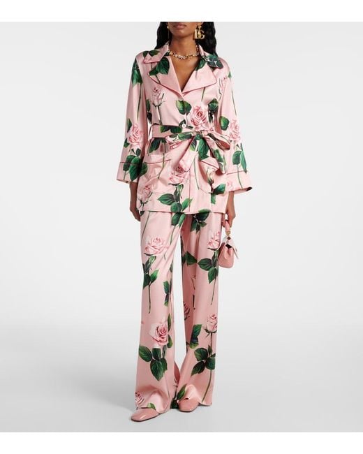 Dolce & Gabbana Pink Rose Print Stretch Silk Pajama Pants