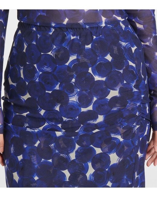 Dries Van Noten Blue Printed Gathered Jersey Midi Skirt