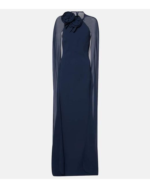 Elie Saab Blue Caped Floral-Applique Silk-Blend Cady Gown