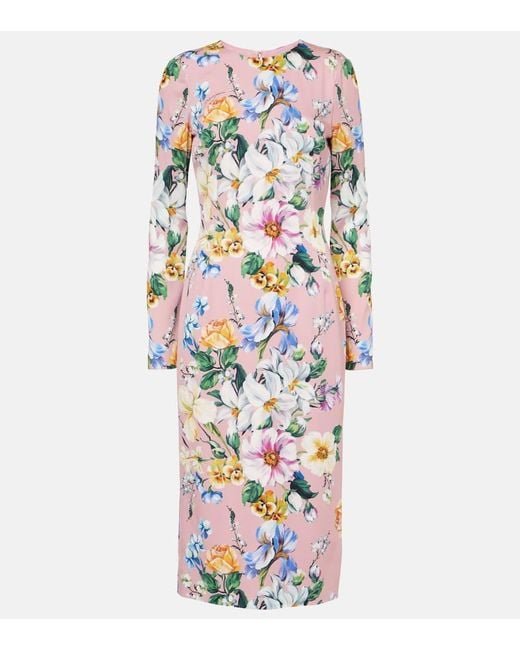 Floral Midi Vestido en Silk Blend Dolce & Gabbana de color White