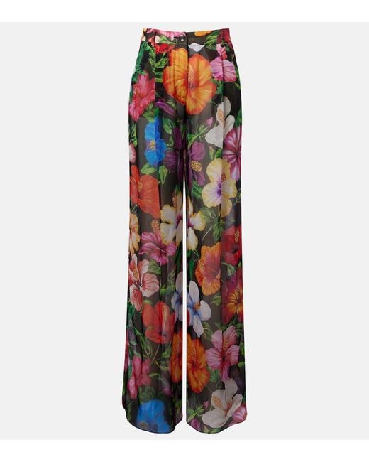 Dolce & Gabbana Red Floral Silk Chiffon Wide-Leg Pants
