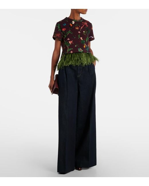 LaDoubleJ Red La Scala Feather-Trimmed Printed Cotton T-Shirt