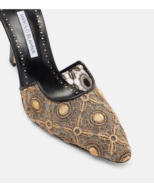 Manolo Blahnik Metallic Harnicus 105 Leather-Trimmed Lace Pumps