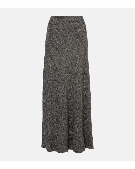 Ganni Gray Ribbed-Knit Lame Maxi Skirt