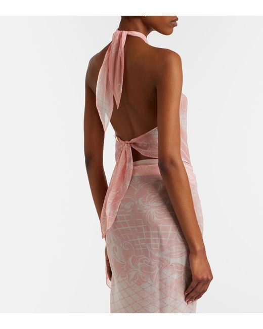 Balmain Pink Printed Halterneck Silk Top